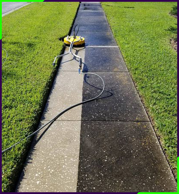 concrete walkway before and after pressure washing