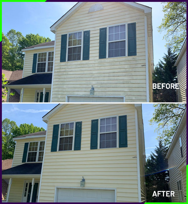 Before and after photos of a yellow house